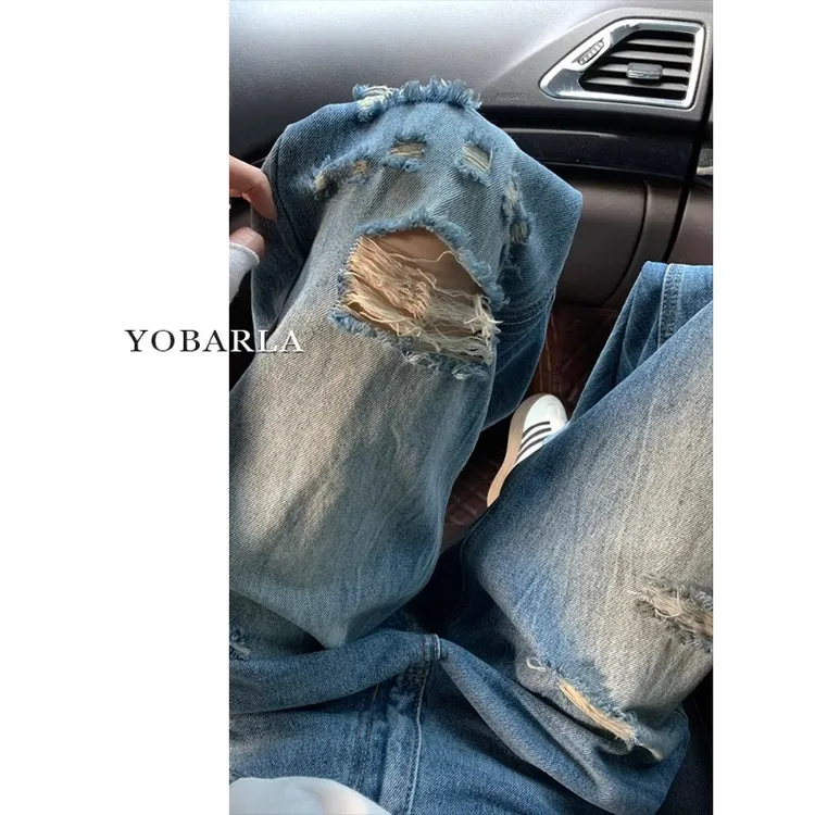 复古蓝破洞直筒牛仔裤女秋冬新款高腰大码宽松显瘦梨型身材阔腿裤