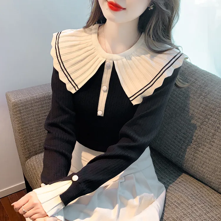 法式娃娃领撞色针织衫女2025秋冬季新款长袖修身减龄打底毛衣上衣