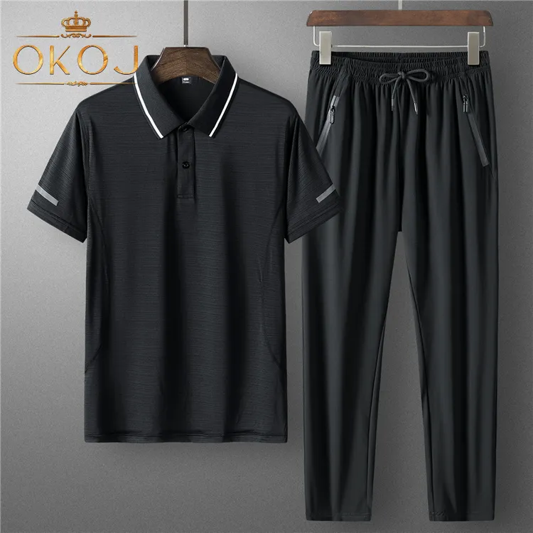 OKOJ冰丝运动polo衫套装男速干透气夏季薄款户外跑步服休闲两件套