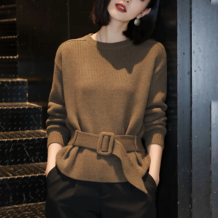 秋冬慵懒咖色套头毛衣女士高级感减龄内搭收腰系带打底针织衫上衣