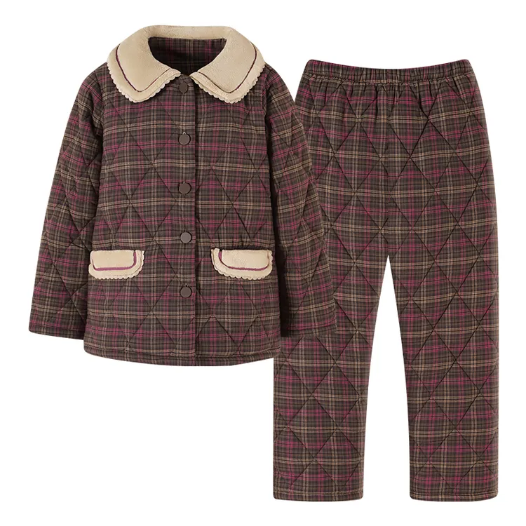 梭织格子三层夹棉睡衣女秋冬套装冬天加厚长袖宽松保暖大码家居服