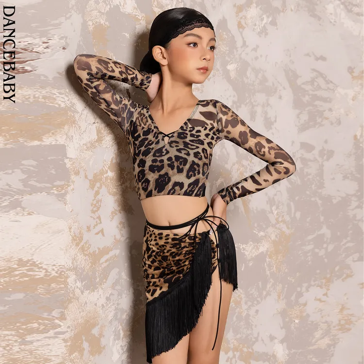 Dancebaby拉丁舞服女童冬季新款豹纹分体套装练习服高级套装D73