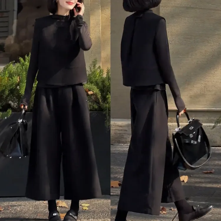 极简风洋气纯色打底上衣搭马甲女2025秋冬新款时尚直筒长裤三件套