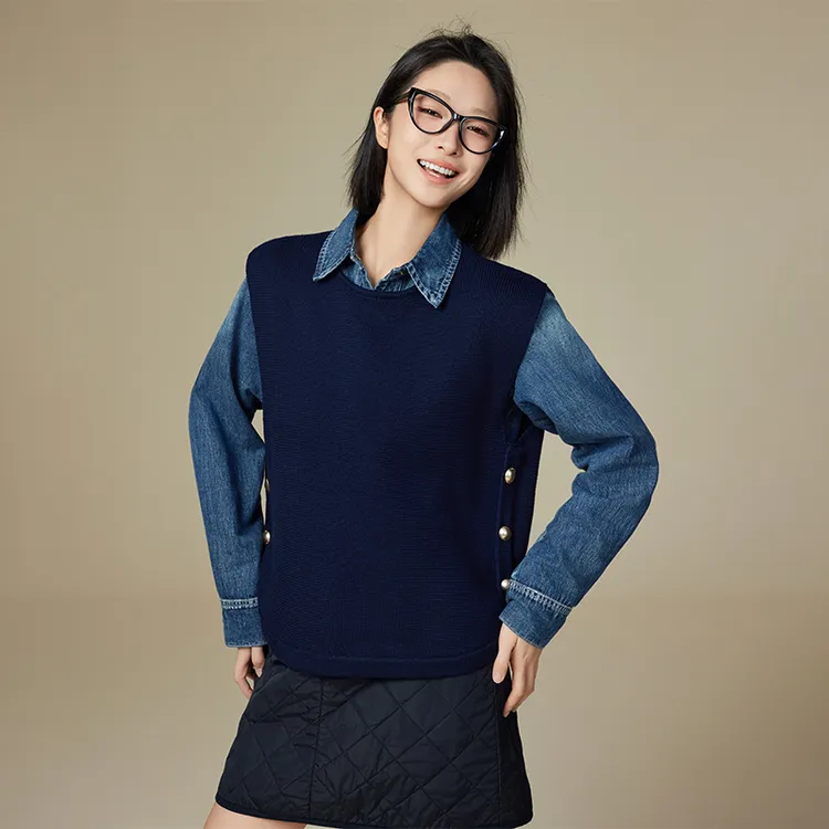 A美洋MEIYANG 云鲸针织背心 撞色侧排金扣圆领休闲百搭叠穿马甲S