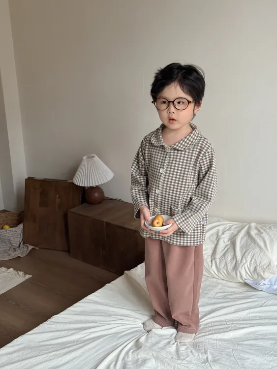 2025新款秋冬季德绒保暖家居服男女童格子长袖长裤宽松睡衣两件套