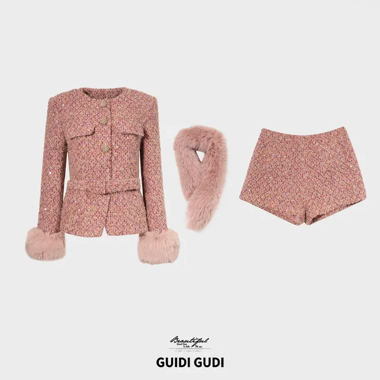  GUIDI GUDI【甜橘橘】气质小香风金丝珠片外套短裤套装  