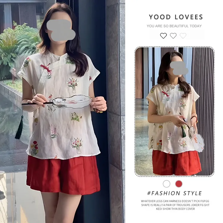 新中式禅意套装女夏季新款盘扣衬衫女士短袖上衣阔腿短裤两件套