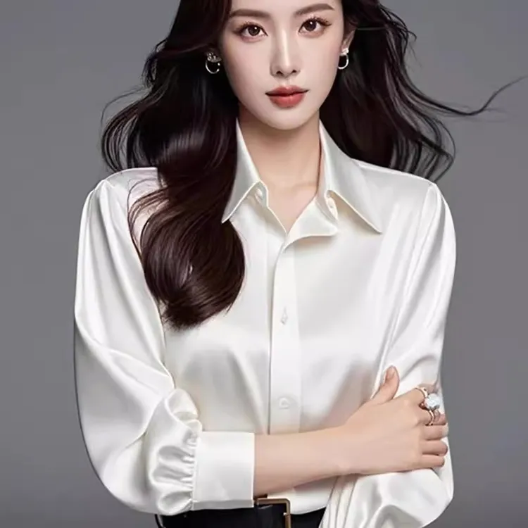 2025秋季新款高级感重磅醋酸缎面衬衫女长袖百搭职业宽松正装衬衣