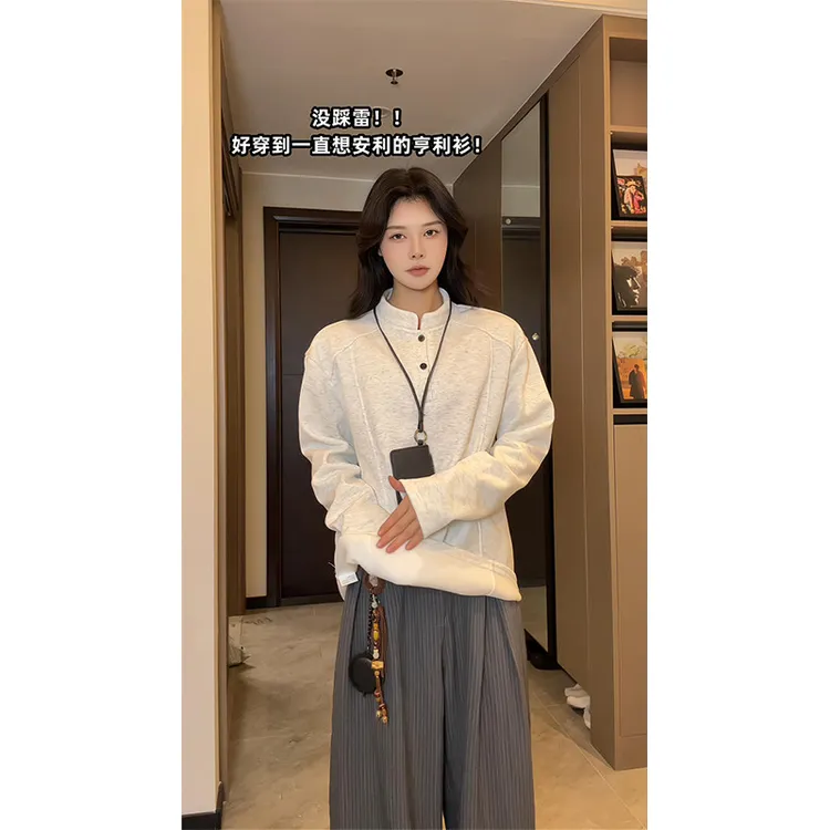 美式亨利领长袖t恤男款秋冬季正肩内搭打底衫秋冬季加绒加厚卫衣