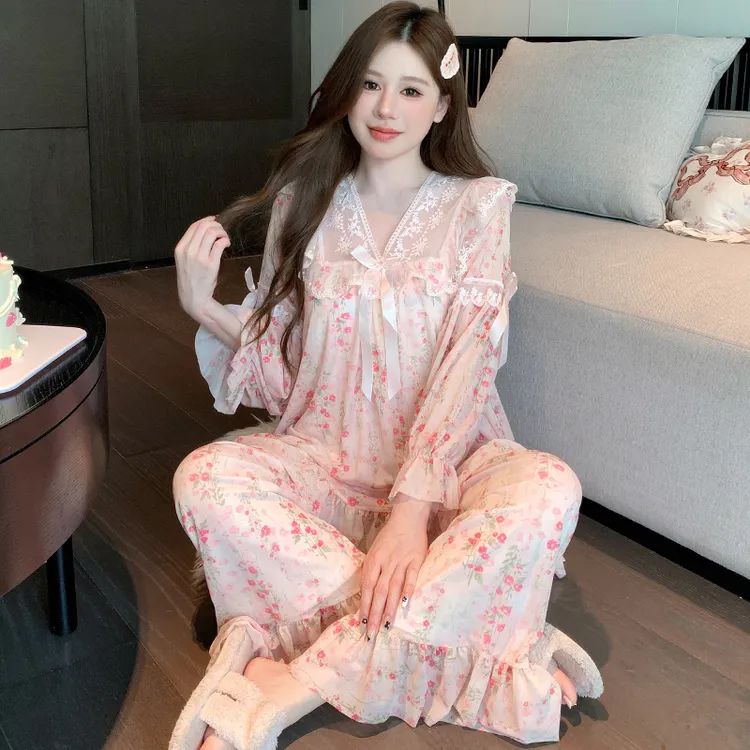 带胸垫睡衣女长袖春秋法式蕾丝花边甜美公主碎花性感家居服两件套