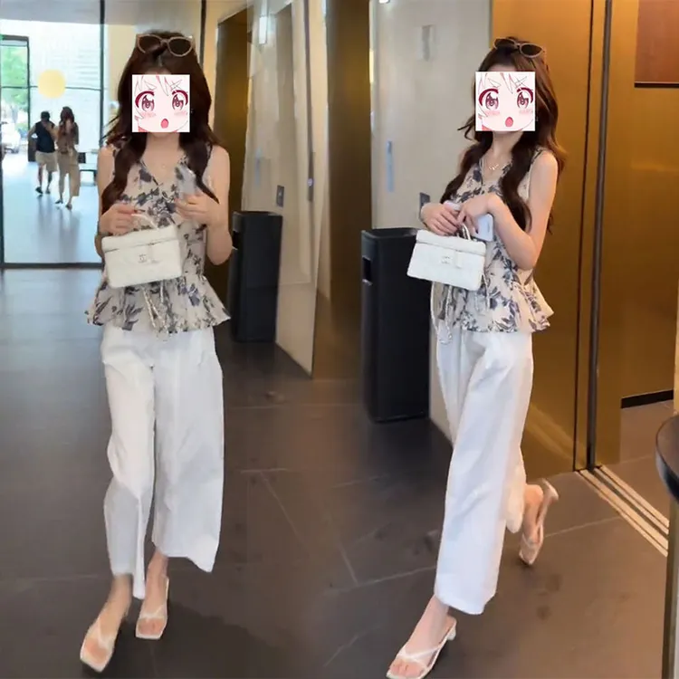 2025年夏季时尚小清新甜美气质无袖印花上衣休闲宽松直筒九分裤子
