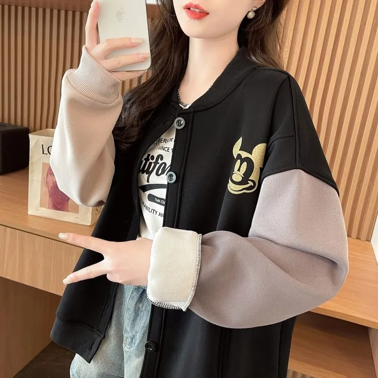 时尚大码印花撞色棒球服外套女秋冬款加绒休闲大码开衫显瘦上衣潮