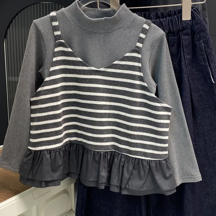 套装条纹女童打底假两件休闲风秋季毛衣纯色休闲常规