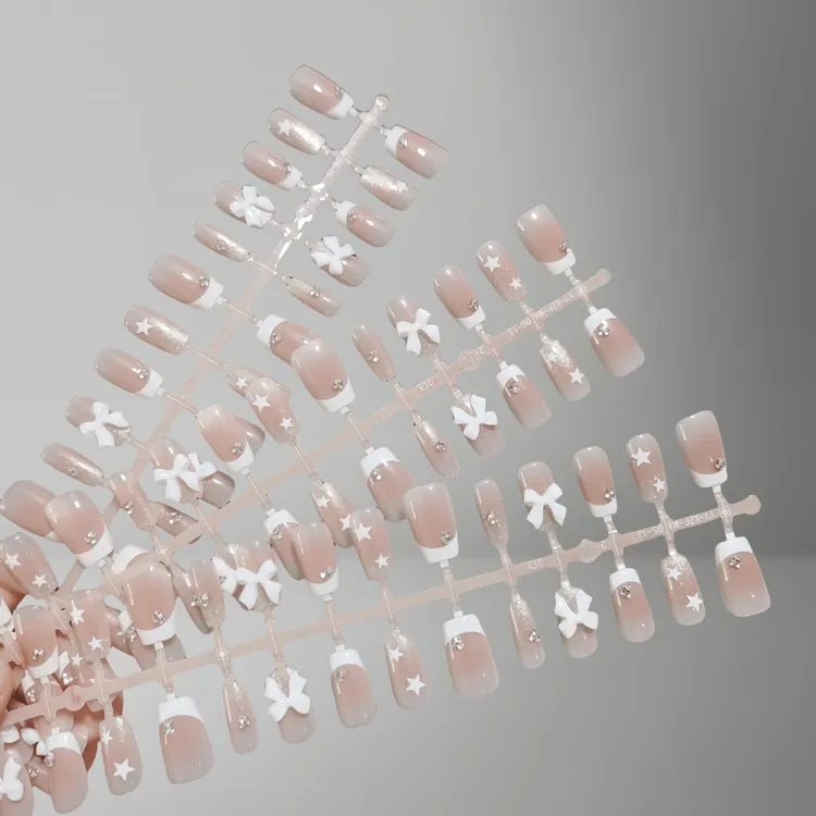 穿戴甲10/30片整条白蝶星空短梯碎钻晶石法式蝴蝶结纯欲仙女美甲