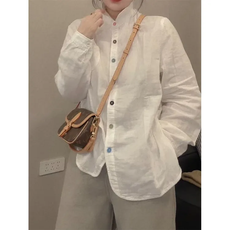 萱贝纯学院风修身显瘦长袖衬衣女2025秋冬新款设计感彩色排扣衬衫