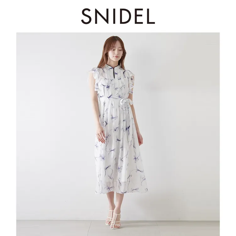 SNIDEL2025春夏新品优雅小飞袖系带蝴蝶结印花连衣裙SWFO252182