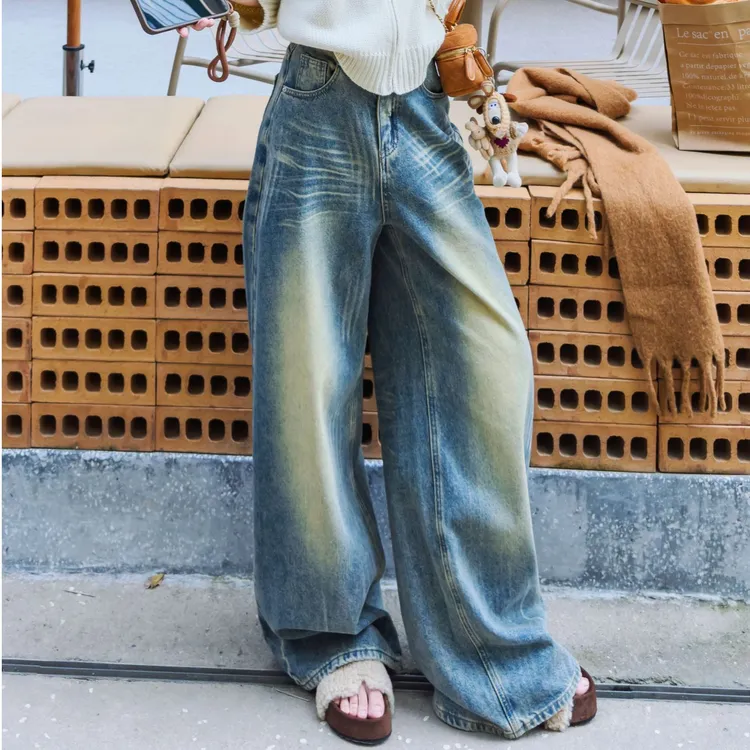 SISTER姐妹家美式复古水洗设计感宽松显瘦百搭休闲阔腿磨毛牛仔裤