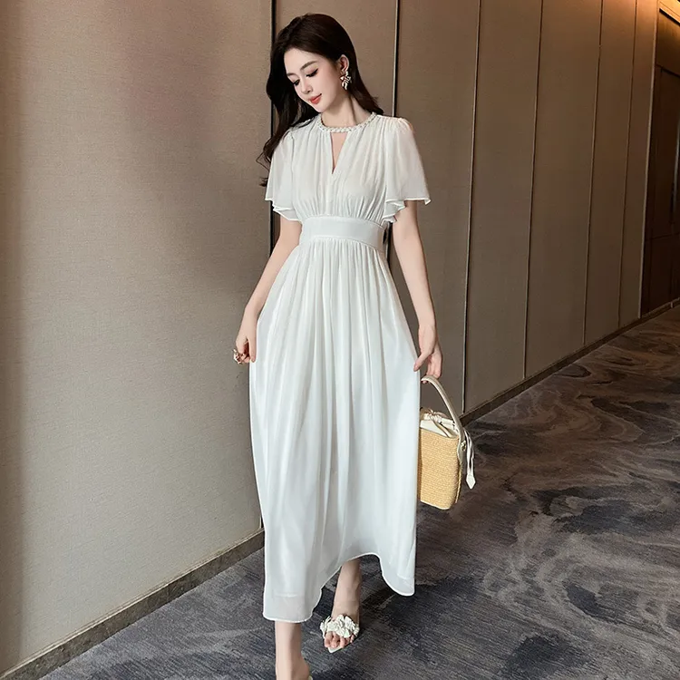 女款夏天夏季新款法式白色雪纺连衣裙收腰显瘦气质脚踝长时尚