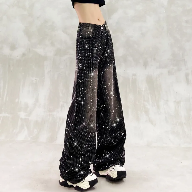 烫钻满天星撞色休闲牛仔裤女秋新款高腰宽松显瘦百搭直筒阔腿裤子