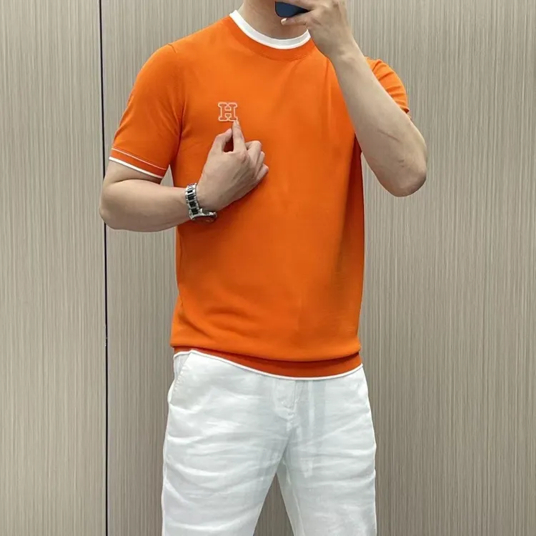 高档针织冰丝T恤男士新款轻奢冰丝时尚半袖T恤休闲商务品质男装爆