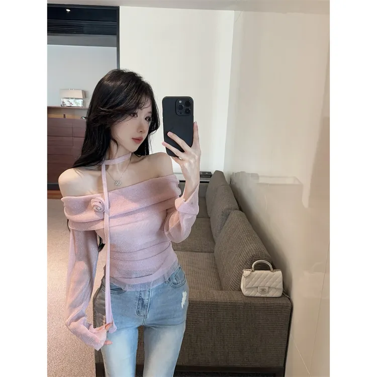 纯欲辣妹细闪飘带网纱微透长袖T恤女秋季新款性感一字肩短款上衣