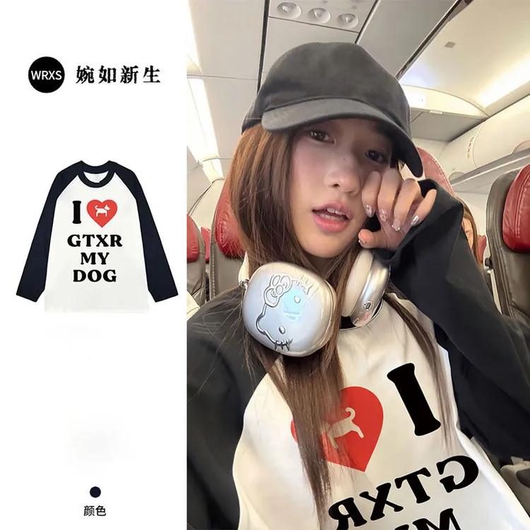 潮牌美式爱心小狗印花插肩袖长袖T恤情侣宽松纯棉休闲圆领上衣女