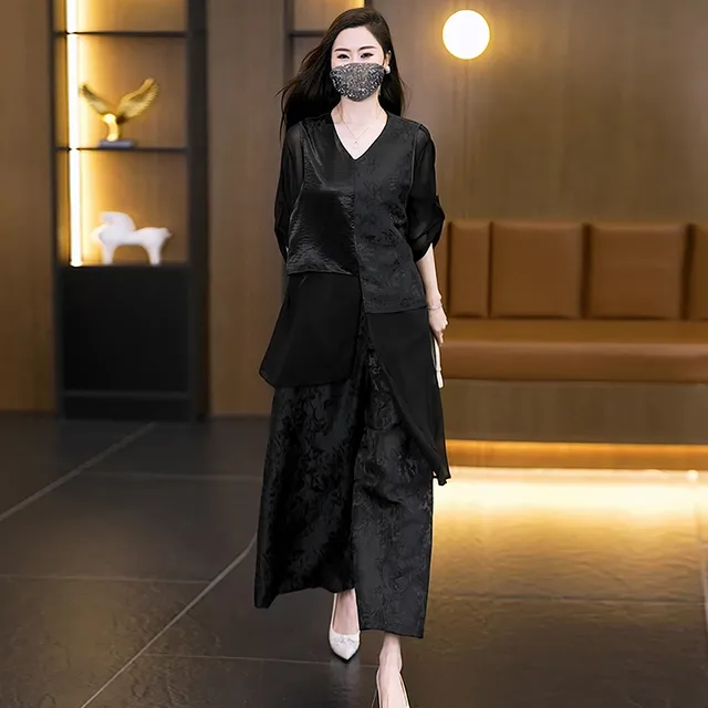 设计感拼接休闲领新款上衣阔套装裤两件套夏装v时尚飘逸提花腿潮