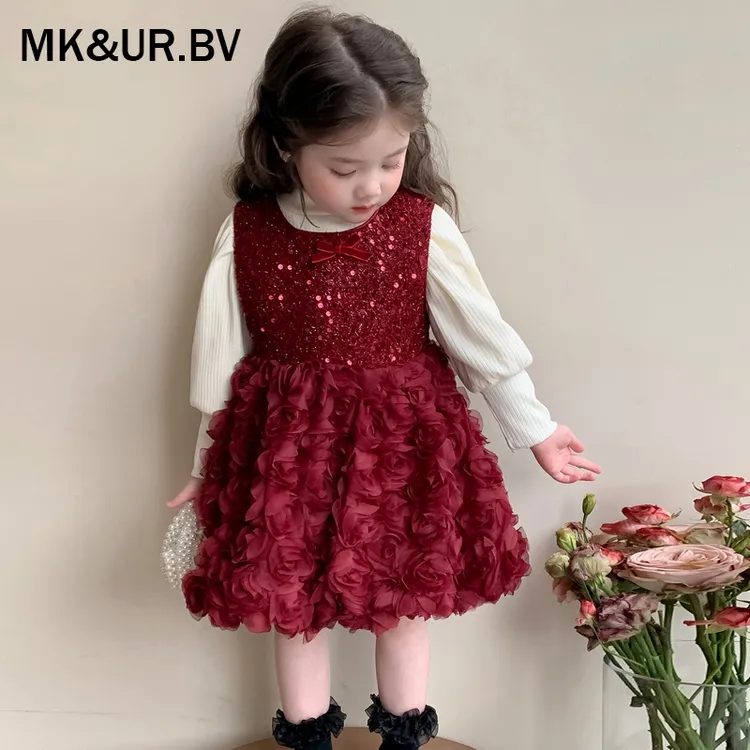 MK&UR.BV女童秋款公主裙2025年新款洋气儿童生日礼服红色连衣裙
