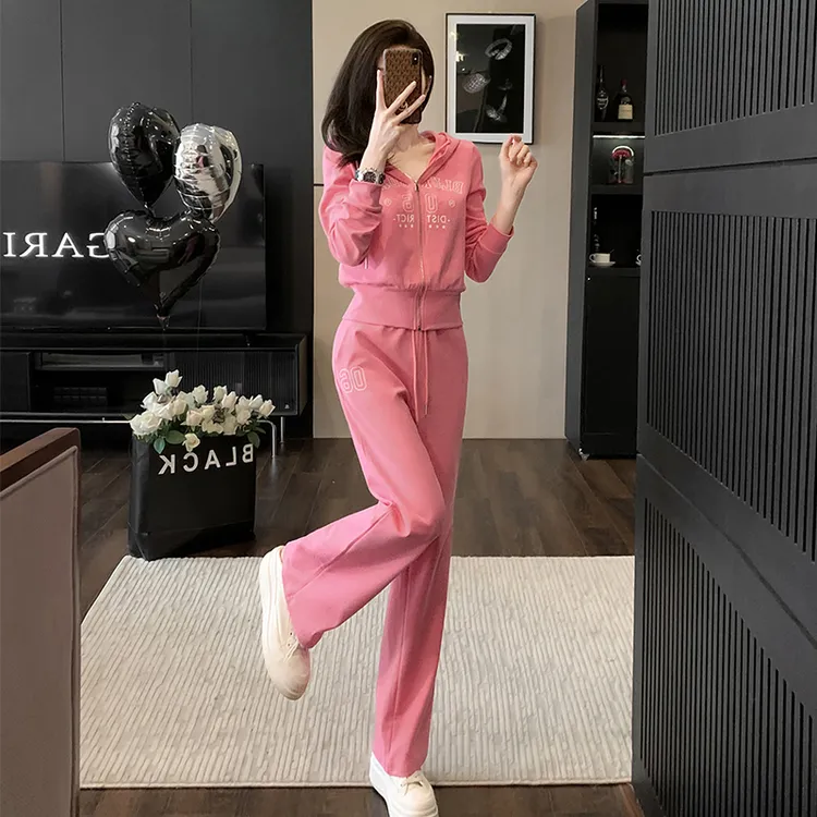欧货高级感休闲运动套装女秋冬季粉色连帽上衣阔腿裤洋气两件套潮