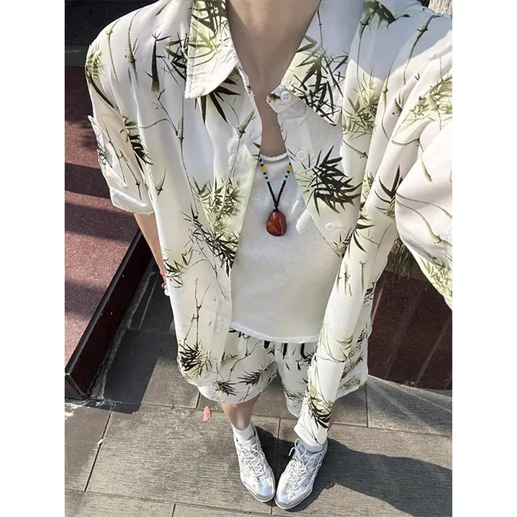 新中式国风套装男女夏季薄款水墨竹纹冰丝衬衫短袖短裤搭配两件套