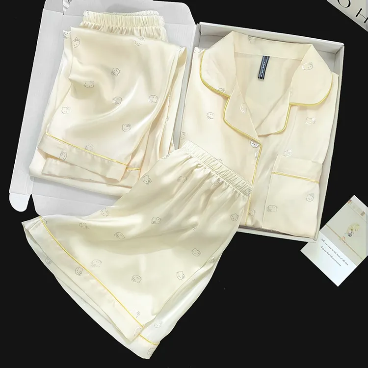 2025爆款夏季带胸垫短袖冰雪丝睡衣女薄款冰丝三件套女家居服套装