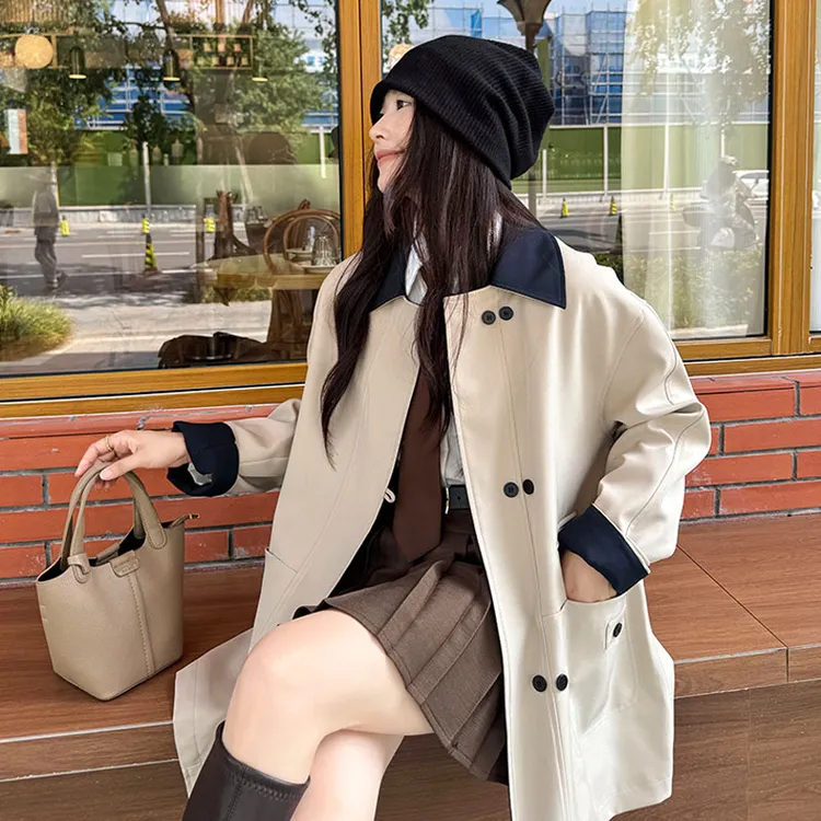 巴恩风撞色风衣女2025春秋季新款长袖拼色休闲今年流行小个子外套