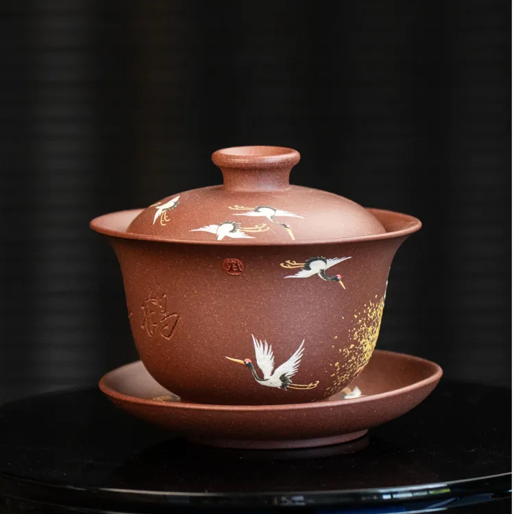 南柯记【鹤】全手工泥绘三才盖碗|紫砂茶杯110cc主人杯高档茶器