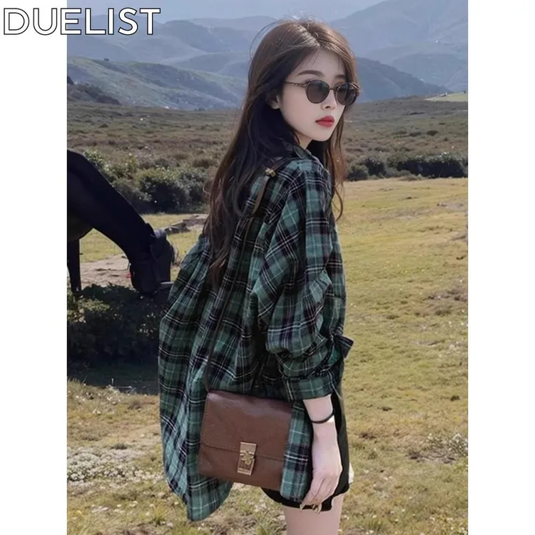 DUELIST港风复古绿色格子长袖衬衫女春秋设计感外搭开衫衬衫上衣