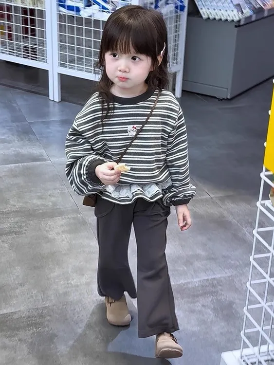 女童条纹卫衣套装2025秋季新款儿童卡通荷叶边长袖上衣宝宝喇叭裤
