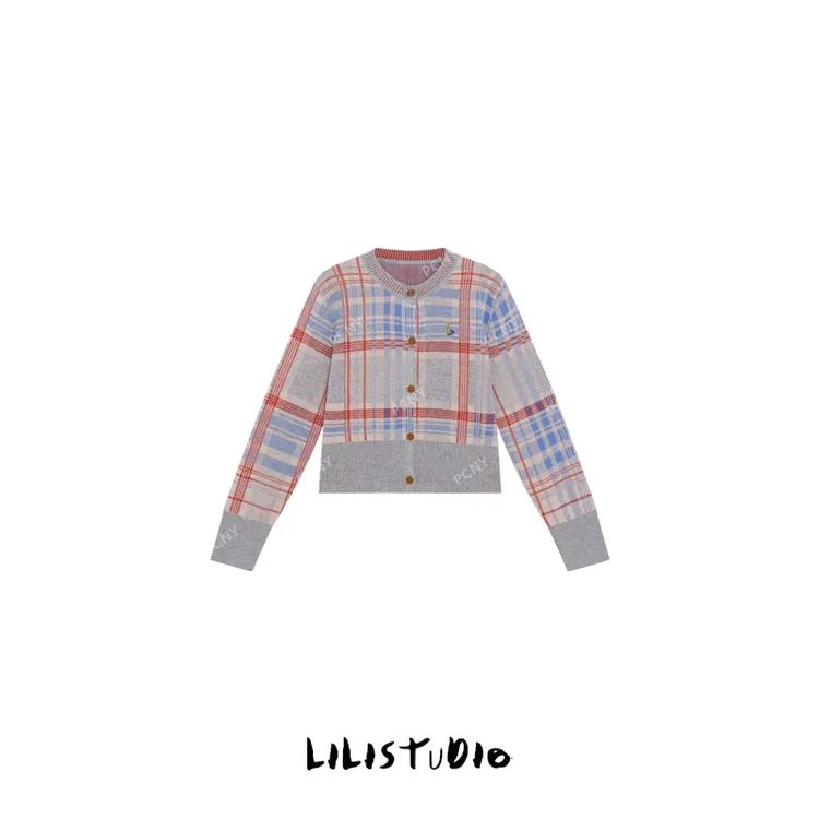 PCNY「银座女孩」不理理冬季新款女装时尚撞色格纹圆领针织开衫毛衣