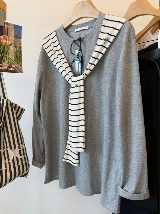 胖mm大码韩系慵懒感松弛披肩T恤女刺绣长袖内搭上衣2025秋季新款