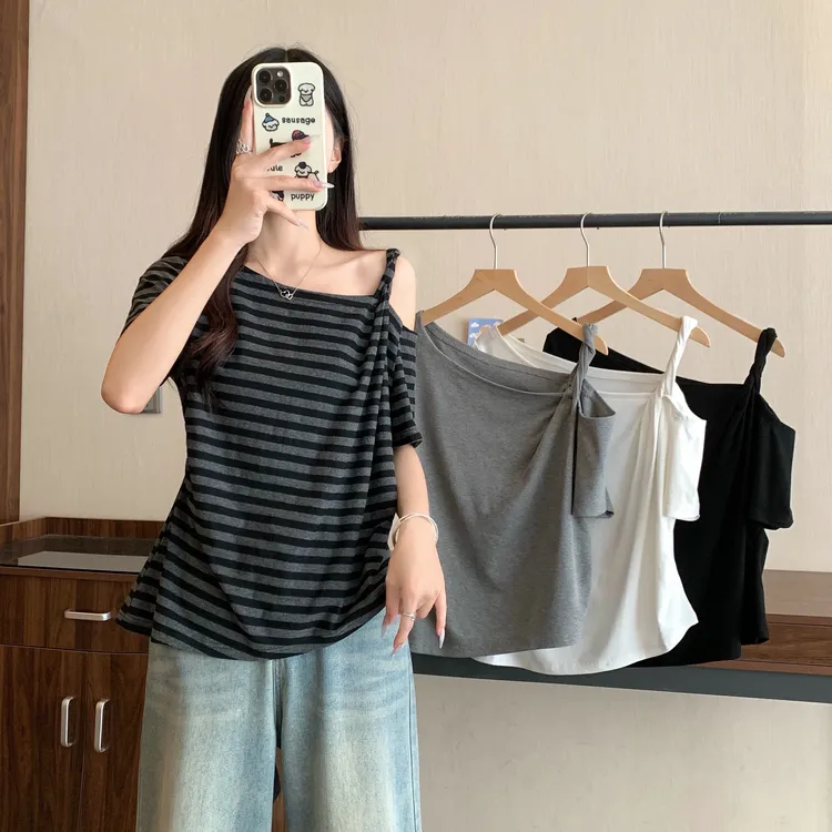 2025年大码女装夏季新款斜领露肩条纹辣妹短袖T恤3297