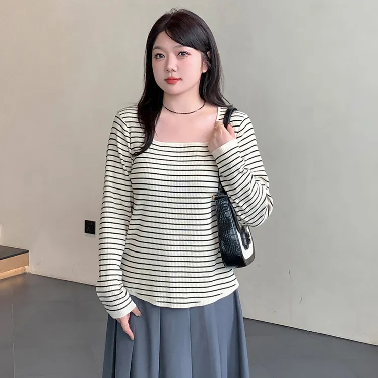 大码女装方领上衣女显瘦条纹衫2025秋款胖mm打底宽松针织衫