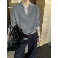【V领假两件】欧若风春装夏季新款衬衫拼接假两件针织衫