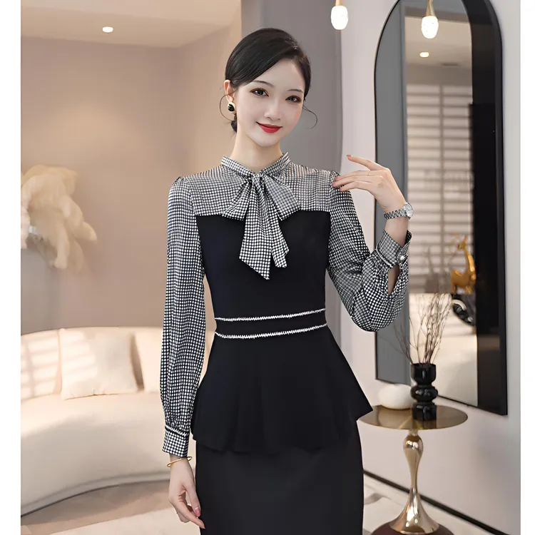 2025秋冬款【8015】洋气百搭小众含绵羊毛千鸟格拼接长袖衬衫上衣女