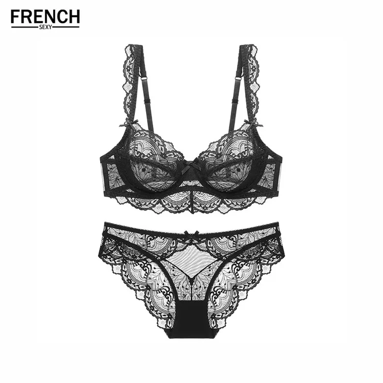 法式性感内衣女超薄镂空无海绵透明蕾丝内衣大胸显小大码文胸套装