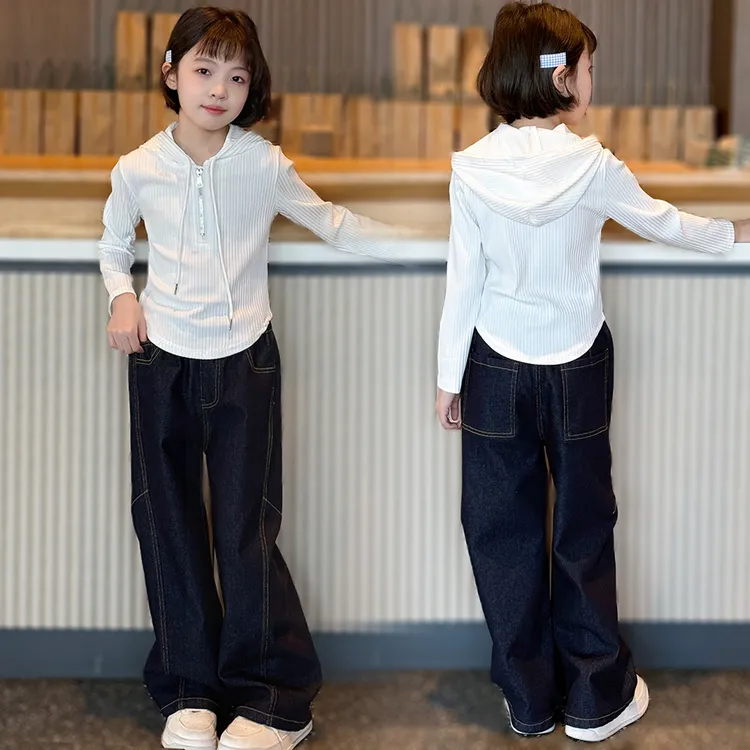 童装女童春季新款丹宁蓝直筒牛仔裤小女孩中大童阔腿裤帽衫套装潮