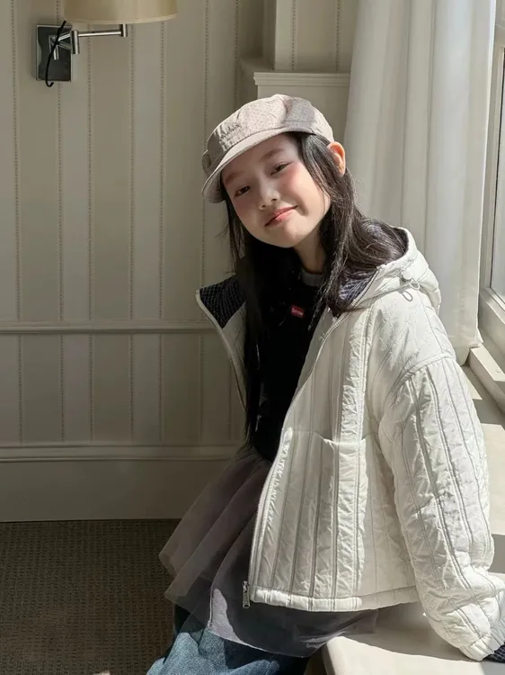 女童夹棉连帽外套秋冬2025新款儿童百搭上衣韩版女孩加厚棉服洋气