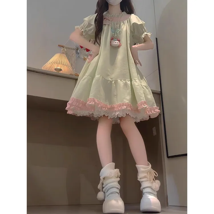 夏季女童学院甜美可爱蝴蝶结撞色拼接连衣裙夏季新款泡泡袖短裙