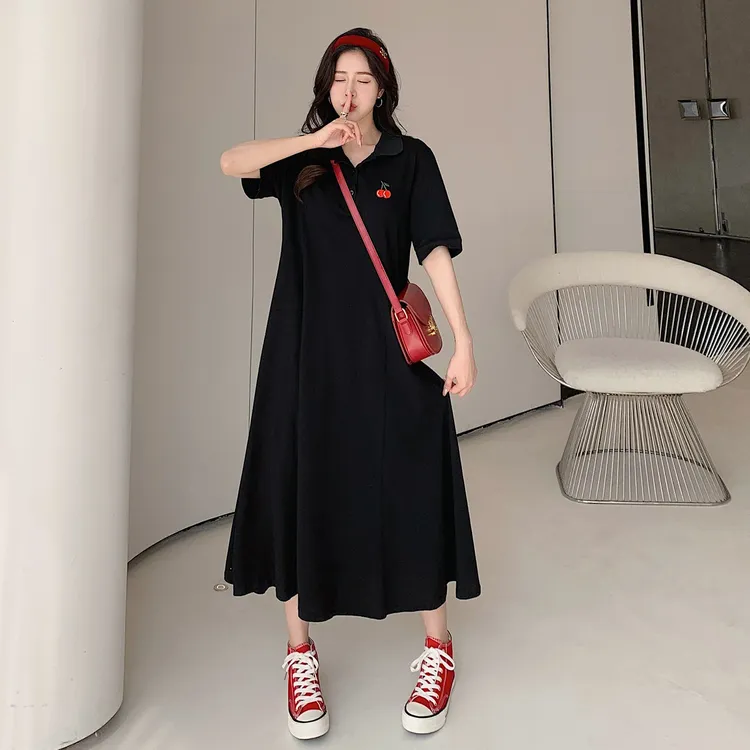 2025夏新款刺绣小樱桃POLO领长款裙子A字短袖连衣裙