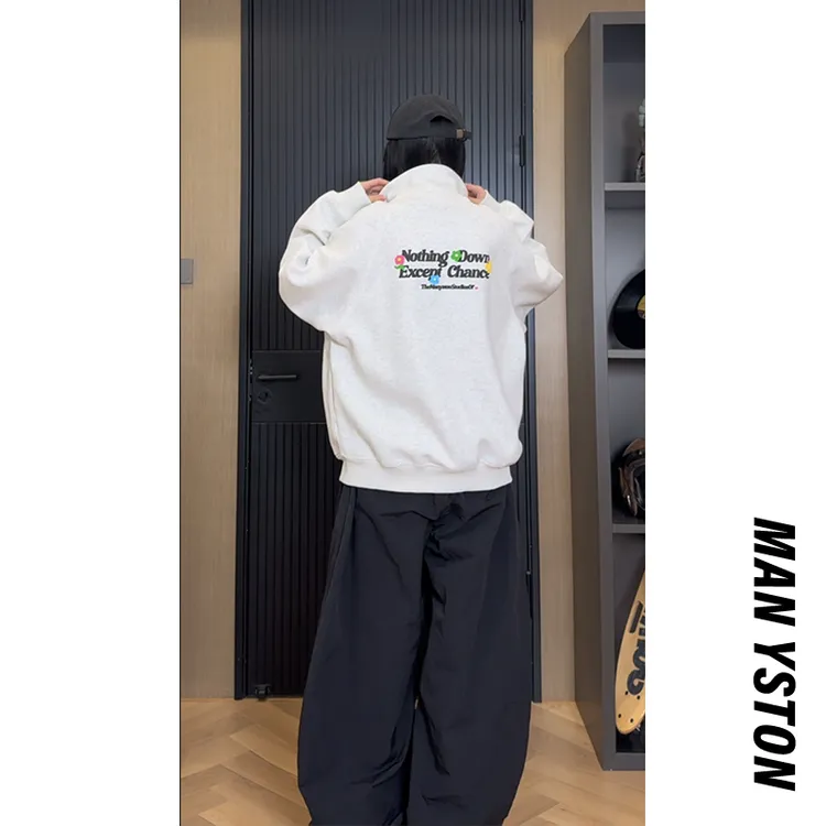 国潮美式立领拉链卫衣春秋季400g休闲印花重磅潮牌情侣装外套宽松