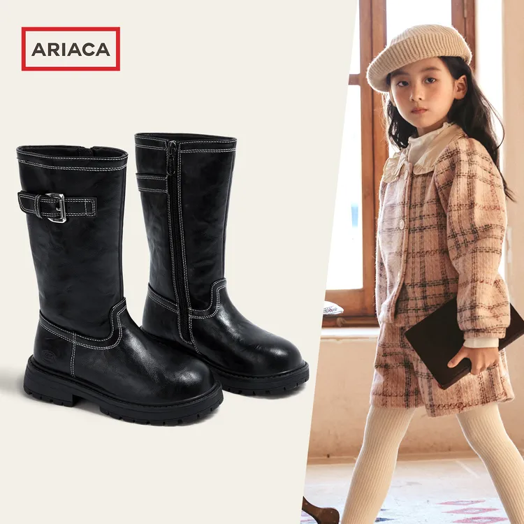 ARIACA艾芮苏女童中长筒靴加绒加厚保暖2025冬季新款儿童真皮靴子