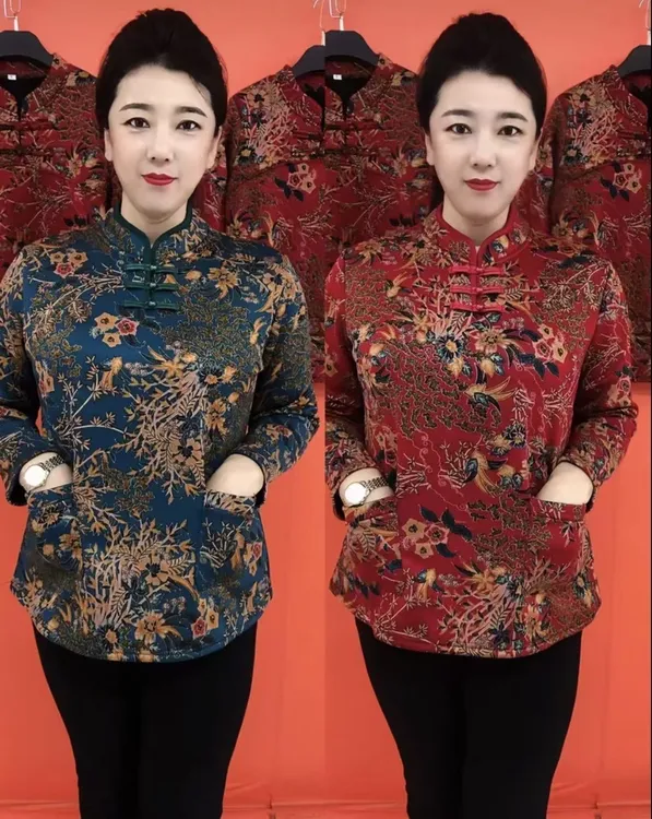 秋冬新款时尚国风盘扣复古加绒保暖百搭妈妈衫
