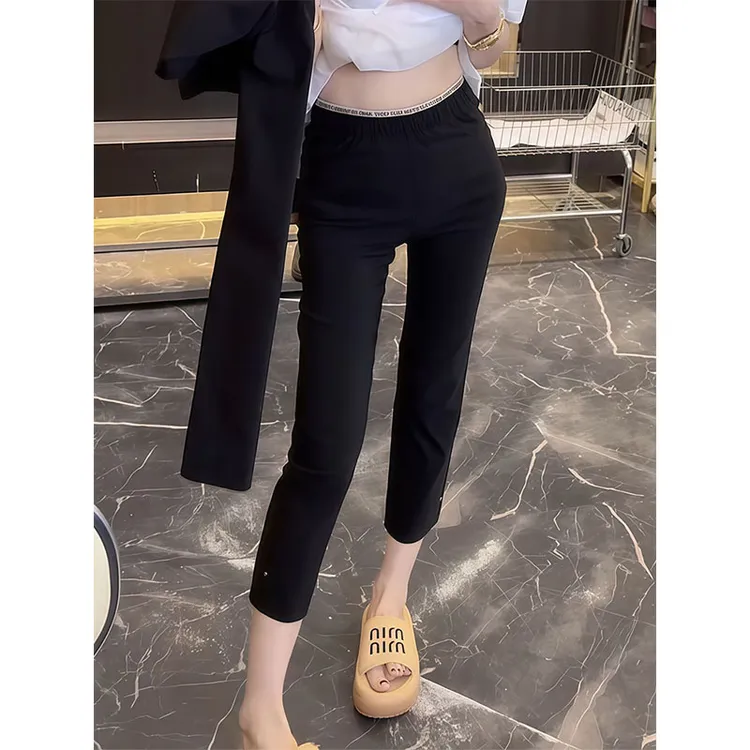 夏季薄料新款松紧腰速干小黑裤女2025百搭显瘦百搭八分烟管休闲裤
